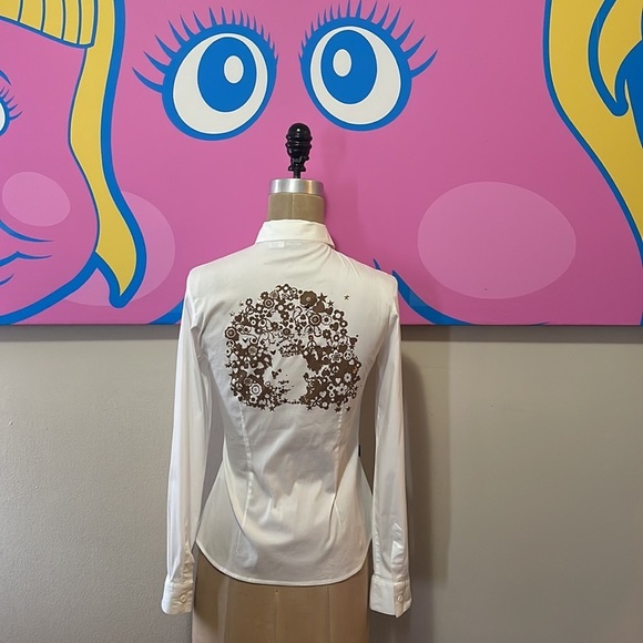 Moschino Jeans White Button Down Shirt 1970s Women's Face on Back